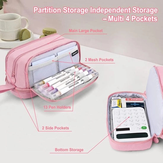 Etui di grande capacità 4 compartimenti Etui per bambini Studenti Ragazze Ragazzi Etui multifunzionale per scuola Ufficio Trucco, rosa, etui