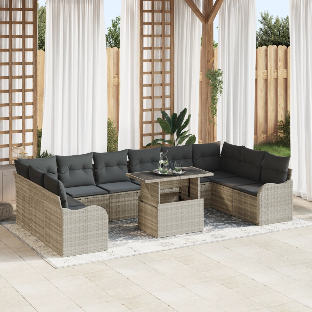 Set di Divani da Giardino  da 11 Pezzi con Cuscini Grigio Chiaro in Rattan Polietilene