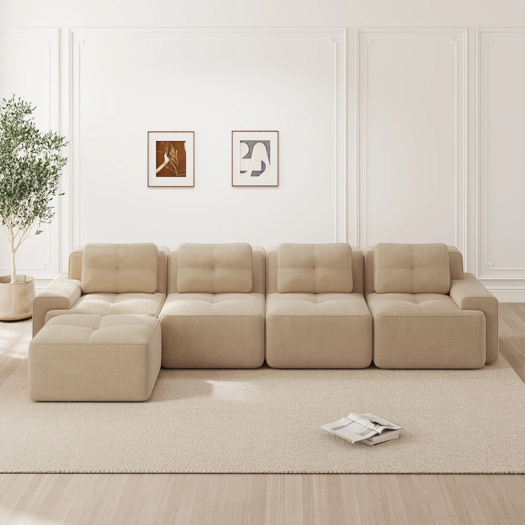 divano modulare senza struttura 4 posti con seduta profonda e base antiscivolo in velluto a coste beige