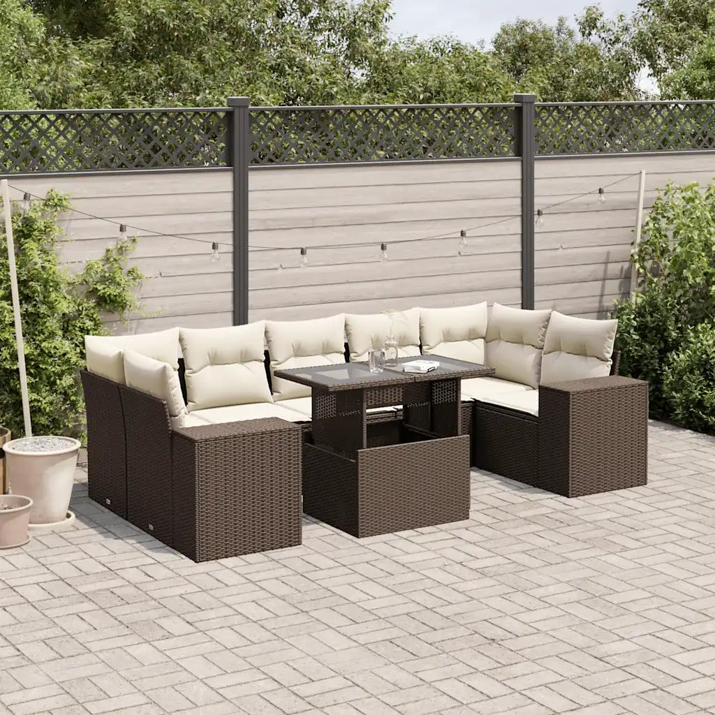 Set Divani da Giardino 8 pz con Cuscini Marrone in Polyrattan