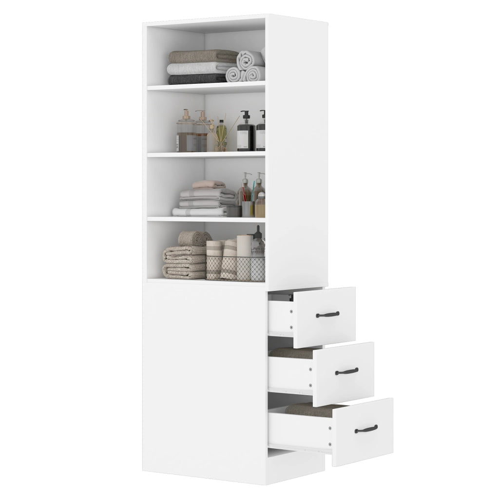 Libreria alta slim 180 cm bianca con 3 cassetti laterali, ripiani regolabili, ideale per spazi piccoli