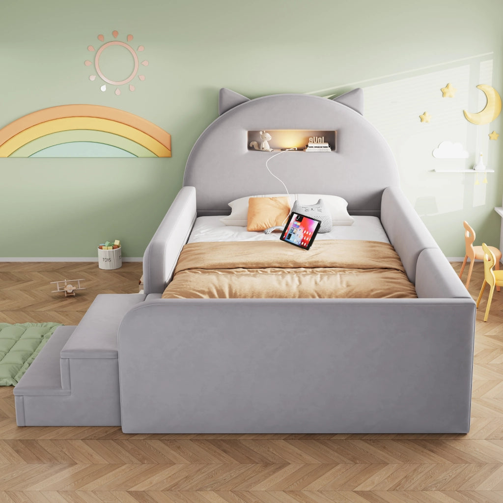 Letto Singolo 90x200 cm; Contenitore; USB e Lampada in Velluto; Grigio Chiaro