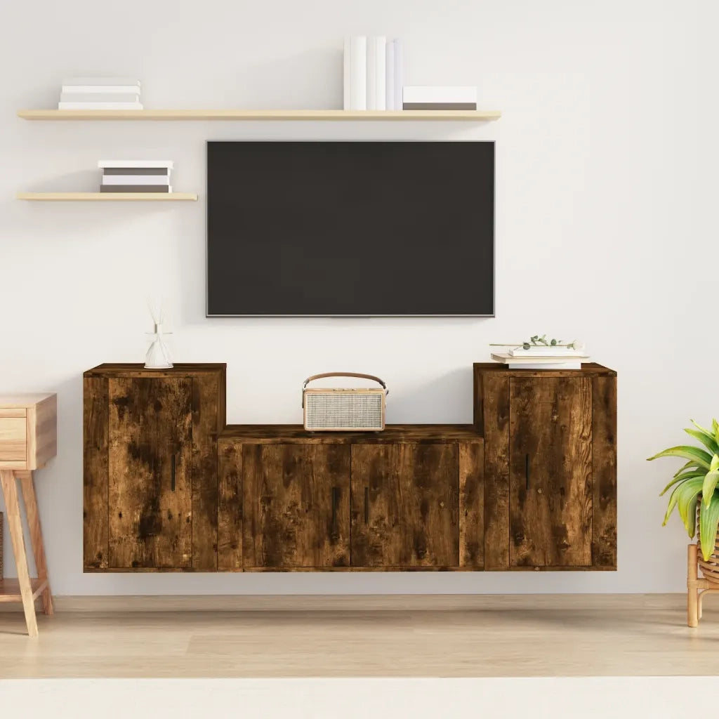 Set Mobili Porta TV 3 pz-Set di 3 Credenza per TV Rovere Fumo in Legno Multistrato 543234
