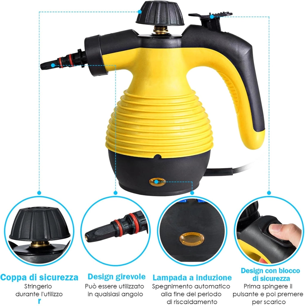 Pulitore Vapore 350 ml, Pulitore a Vapore Portatile Multiuso 3 Bar, con 9 Accessori (Giallo)