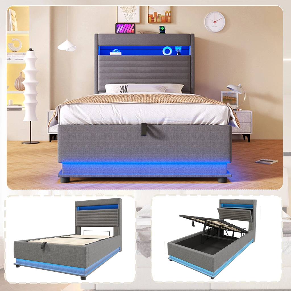 DESMIU Lit Contenitore 90 × 200 cm 1 posto con LED, USB, Type-C, apertura idraulica, senza materasso, grigio