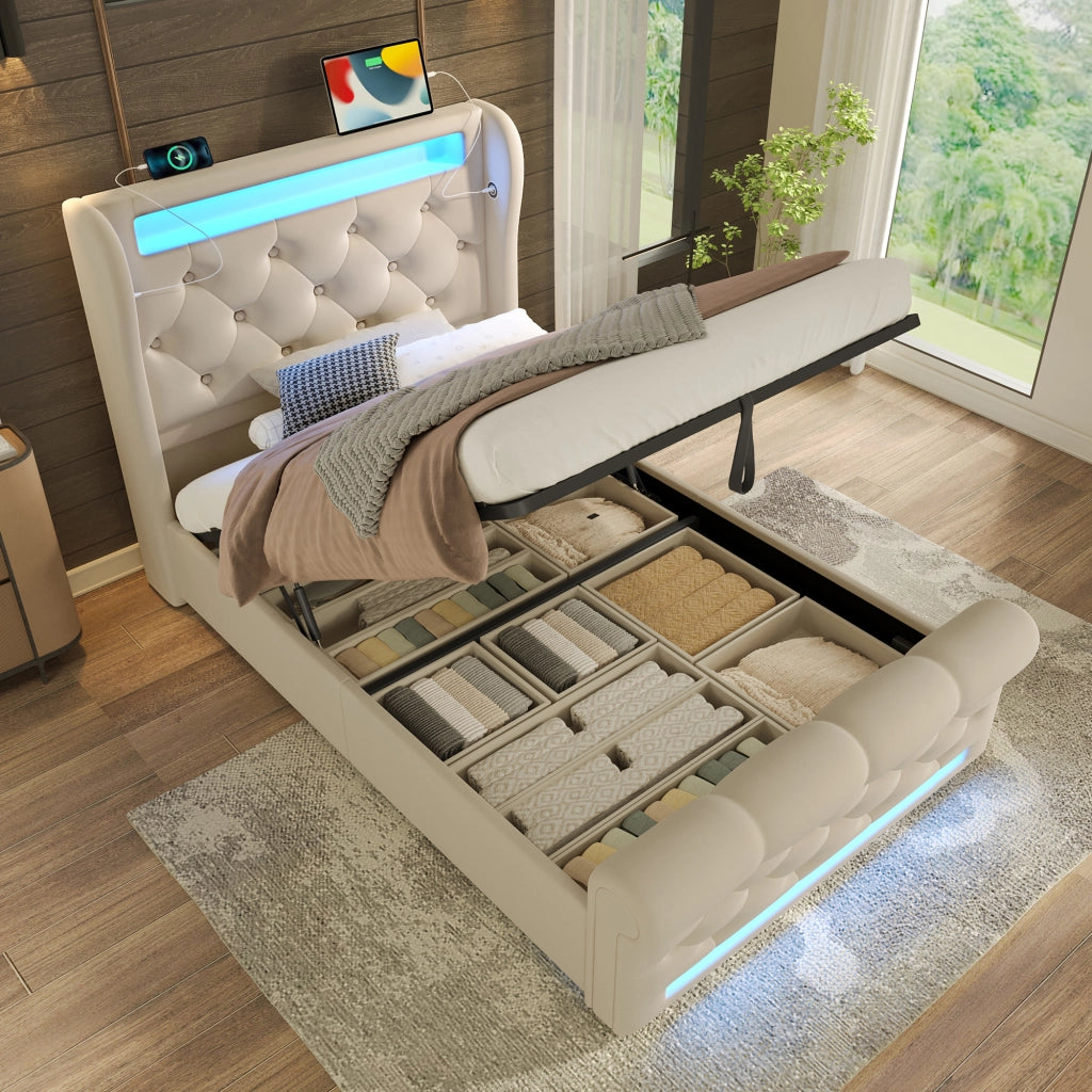OKWISH Letto Contenitore 90×200 cm, Letto Singolo con LED, USB, Tipo C e Testiera con Contenitore, Materasso Incluso, in Velluto, Beige