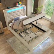 OKWISH Letto Contenitore 90×200 cm, Letto Singolo con LED, USB, Tipo C e Testiera con Contenitore, Materasso Incluso, in Velluto, Beige