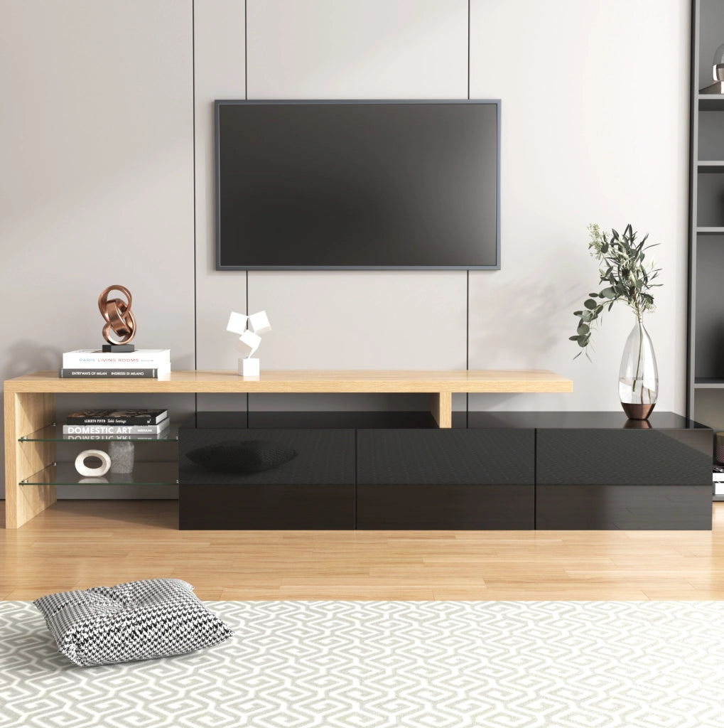 Mobile TV moderno nero lucido con LED e ripiani in vetro