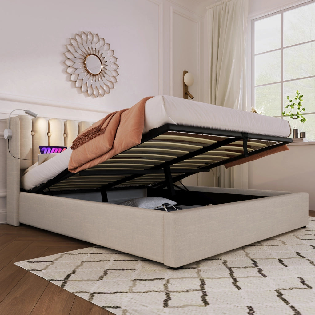 Letto Contenitore Letto Matrimoniale; USB; Luce da Lettura e Vano 140×200 cm; senza Materasso; Lino; Naturale