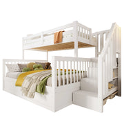 LETTO a castello con scala contenitore 90x200+140x200 cm in pino e MDF bianco