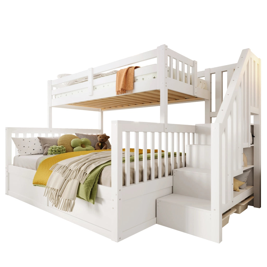 LETTO a castello con scala contenitore 90x200+140x200 cm in pino e MDF bianco