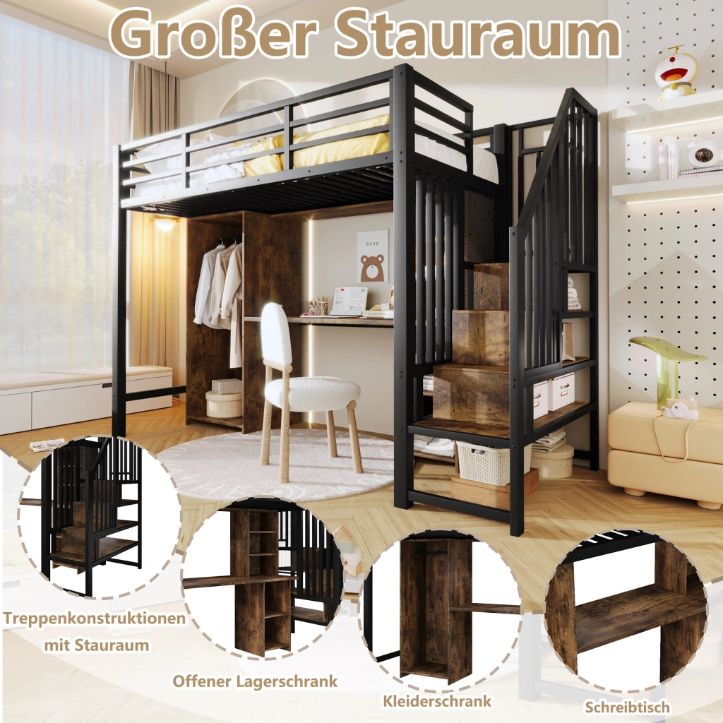 Letto a castello nero in metallo con stoccaggio armadio e scrivania 90x200 cm
