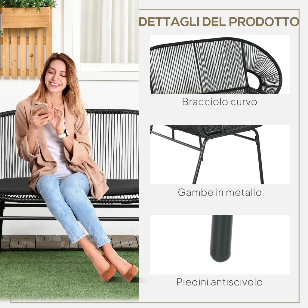 Divano da Giardino 2 Posti 132x72x83 cm con Cuscini e Braccioli in Rattan PE e Acciaio Nero
