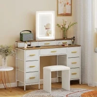 Toeletta con specchio e luci LED a 3 colori, con 10 cassetti in tessuto, 118,5 x 39,5 x 140 cm Legno naturale