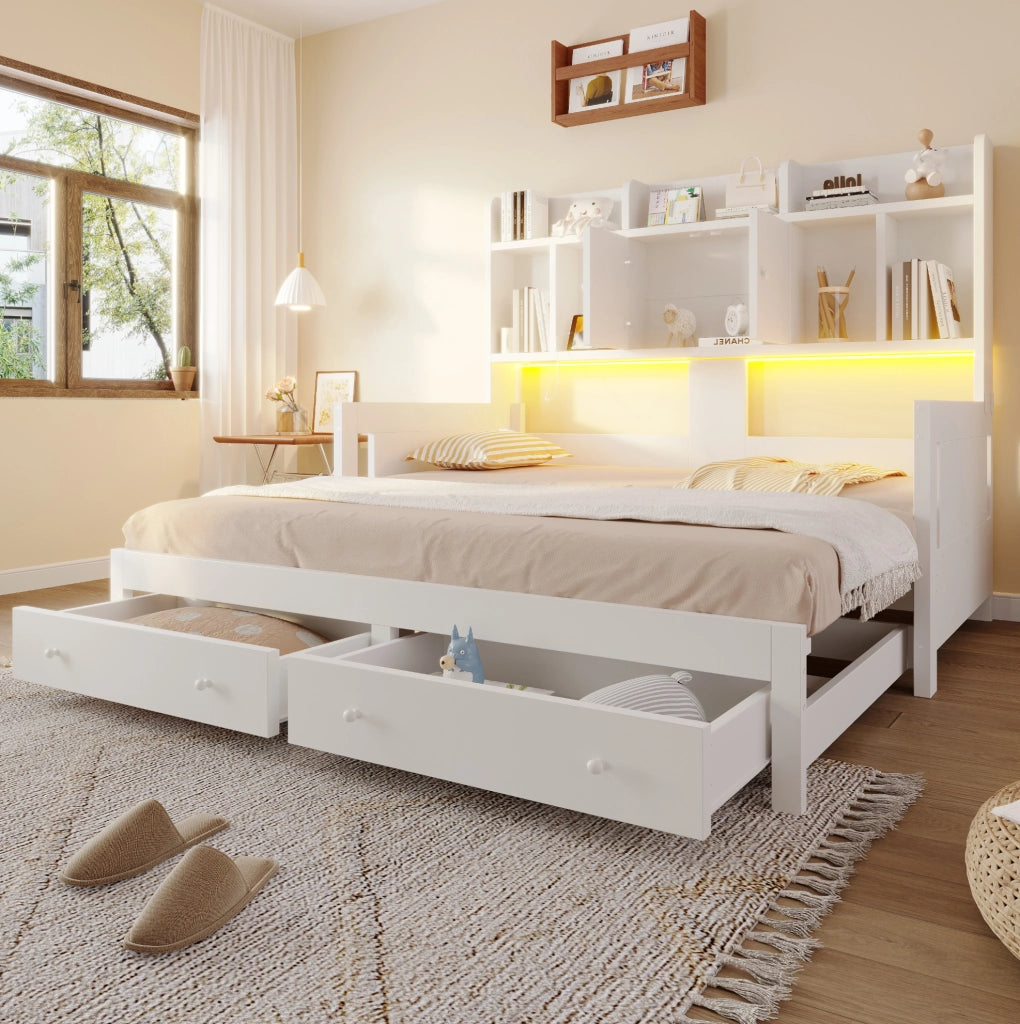 Divano letto estraibile 90x190 cm con 2 cassetti; prese e LED; bianco