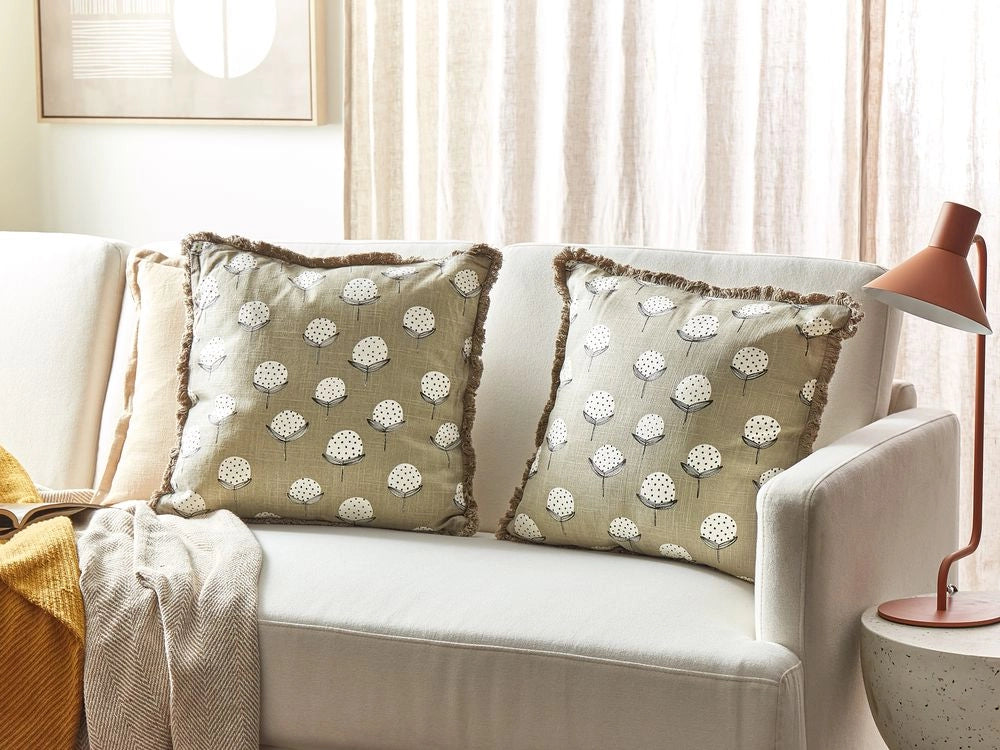Set di 2 cuscini in cotone beige fatti a mano con stampa floreale quadrati 45 x 45 cm camera da letto soggiorno