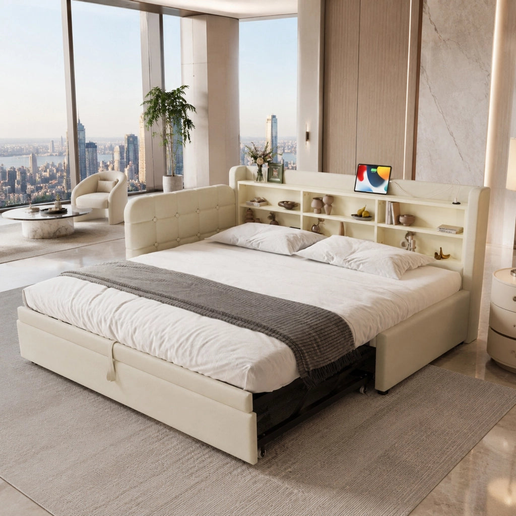 DESMIU Letto divano 90 × 200 cm 1 posto con USB, Type-C, ripiani, senza materasso, in lino, beige