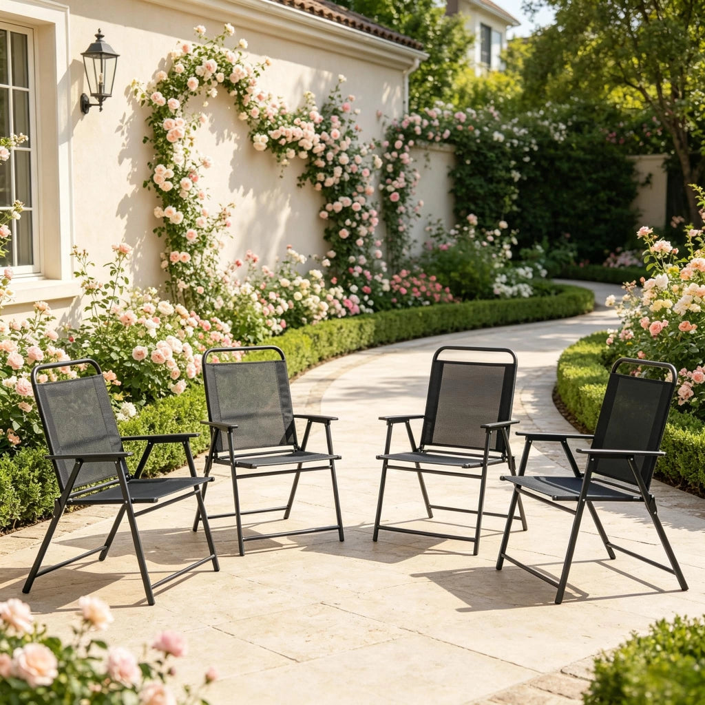 SEDIA DA GIARDINO PIEGHEVOLE Set da 4 pezzi 65x60x94 cm Nero Acciaio e Textilene