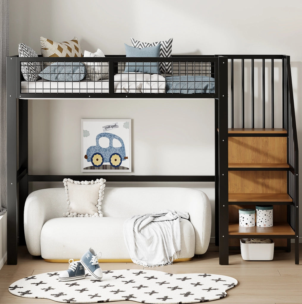 Letto a soppalco 90x200 cm con scala di sicurezza e armadio in metallo nero