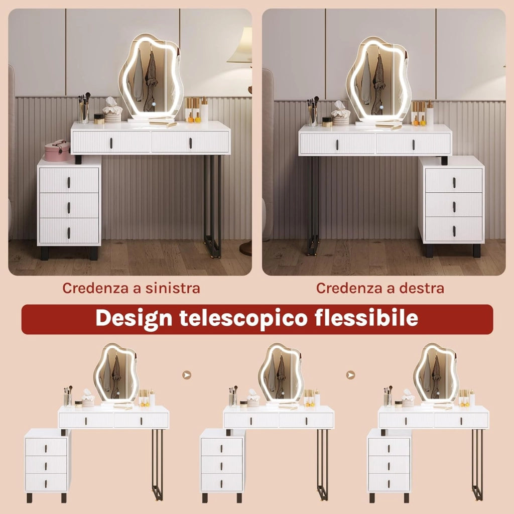 Toeletta con Luce LED, Luminosità Regolabile, Specchio a Nuvola, Piano Lucido, 5 Cassetti in Legno Massiccio, 1 Cassettiera, Moderno, Bianco e Nero, MB6118ws