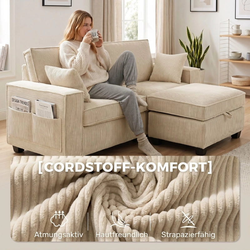 Divano angolare modulare 3 posti con pouf contenitore ampia seduta a molle insacchettate e cuscini in corda beige