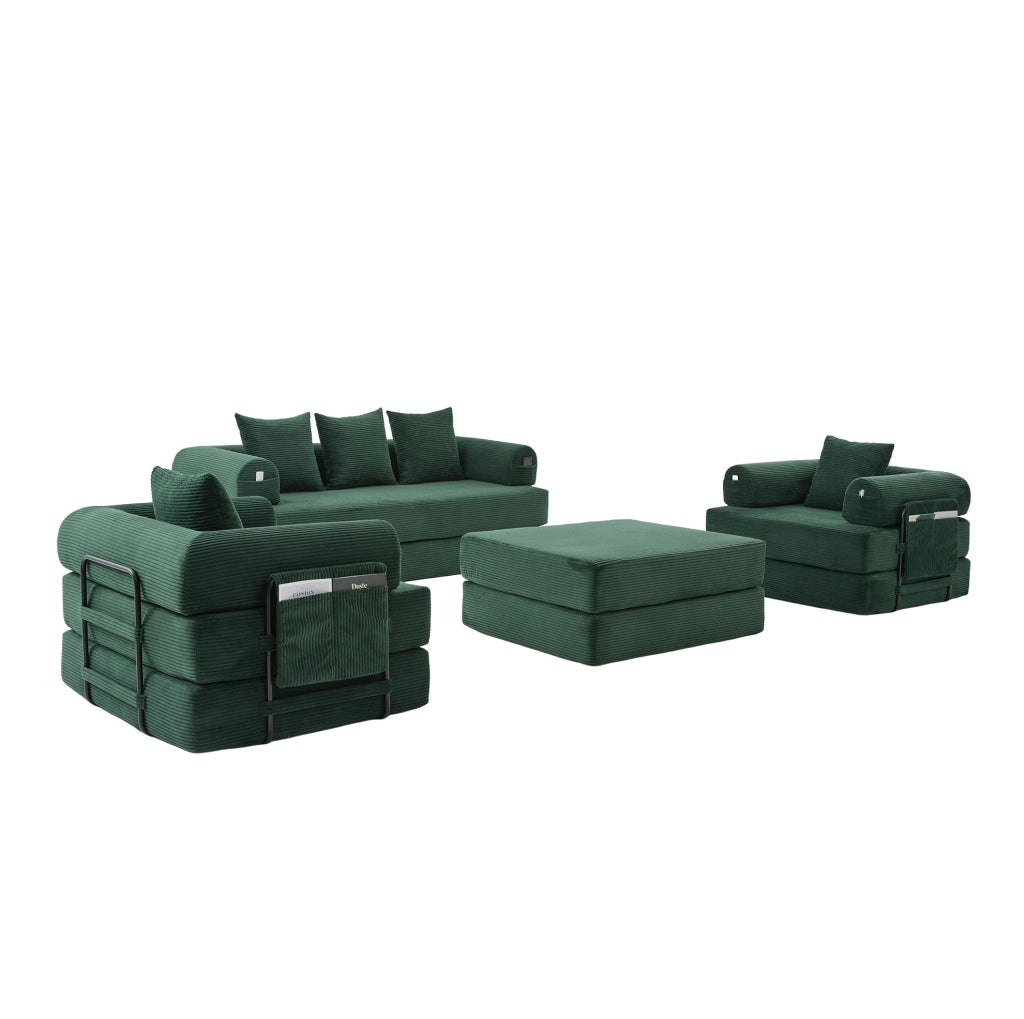 Divano modulare in corduroy verde smeraldo con pouf; 200x94x67 cm