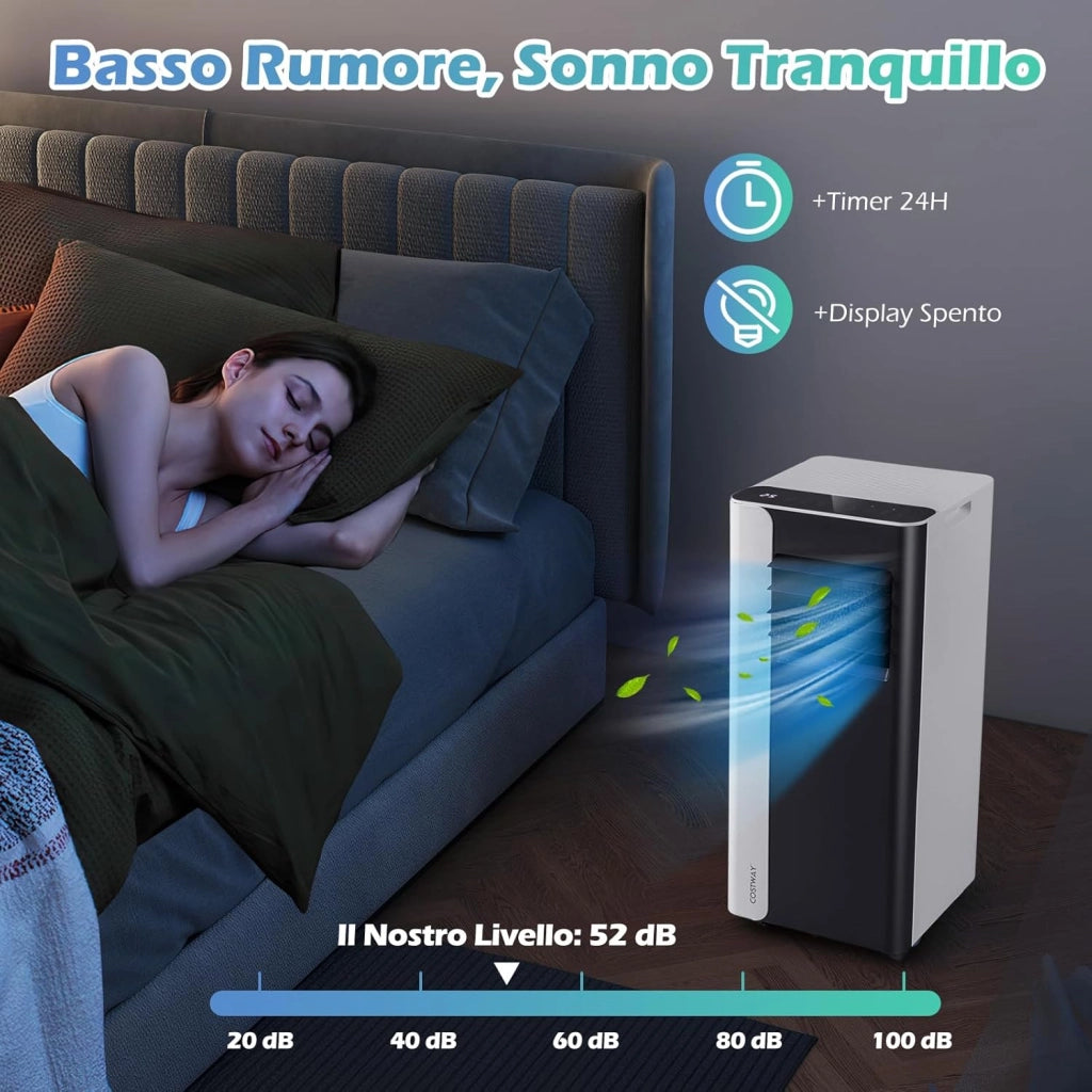 Condizionatore Portatile, 7000BTU/2,0 kW, 4 in 1 Con Raffreddamento, Ventola, Deumidificazione e Modalità Notturna, 24H Timer, R290, per Stanze Fino a 28㎡