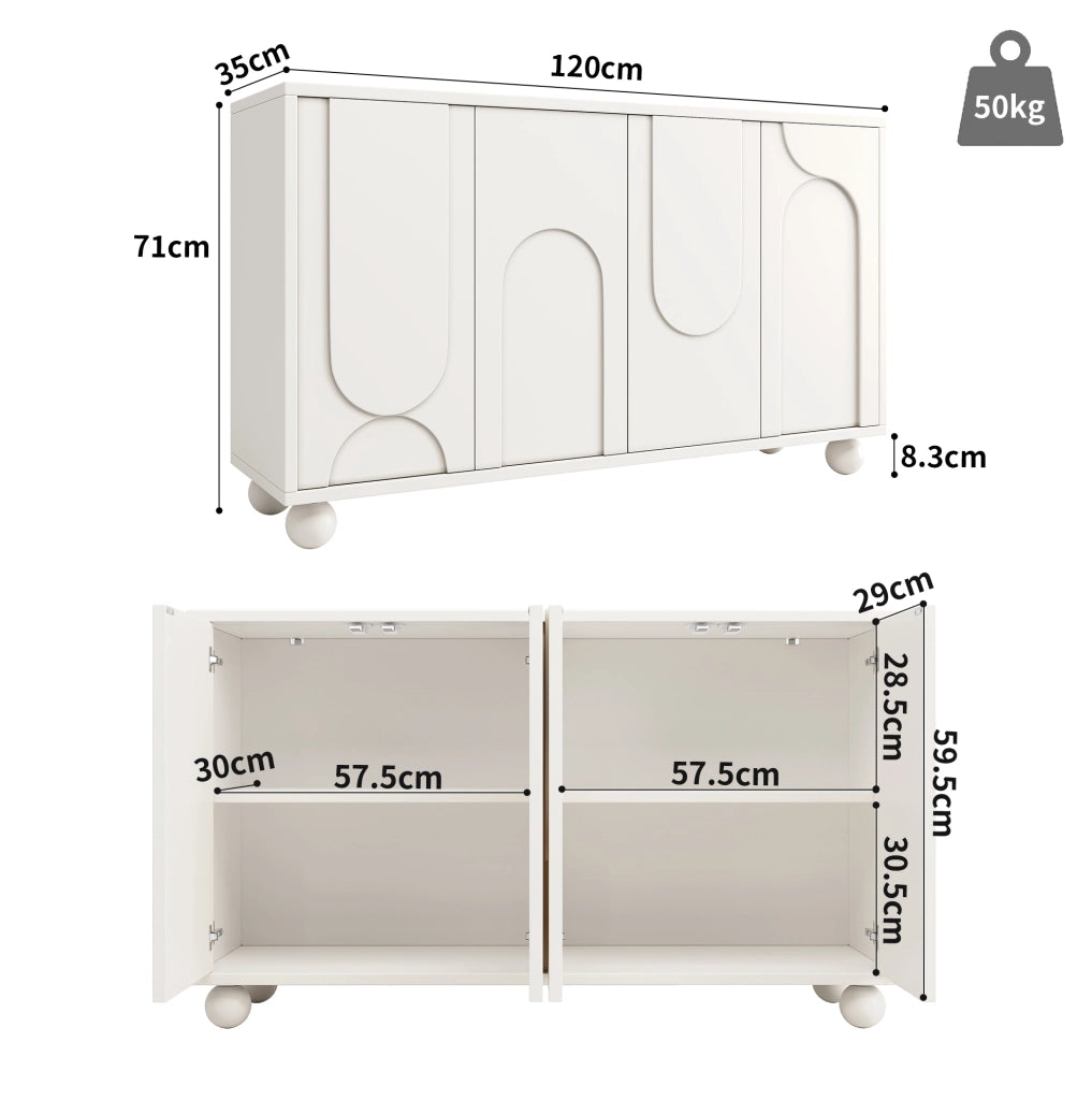 Credenza 120x35x71 cm con ante; MDF e gambe in legno di pino; bianco