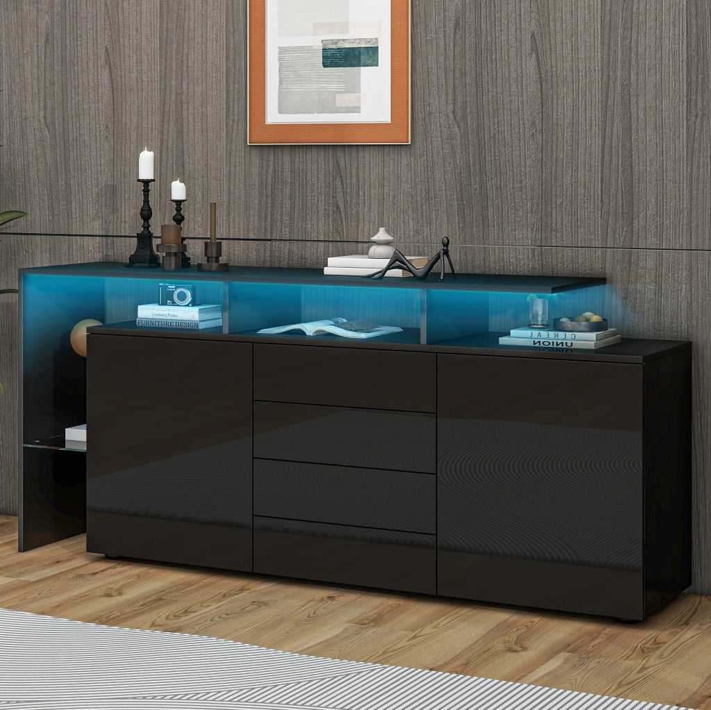 Sideboard LED 160 cm nero lucido con 2 ante e 4 cassetti