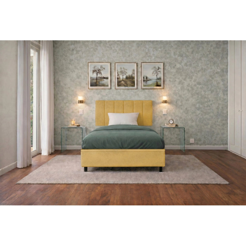 Letto imbottito Singolo 80x190 cm Vertical - Contenitore,Microfibra,Ocra