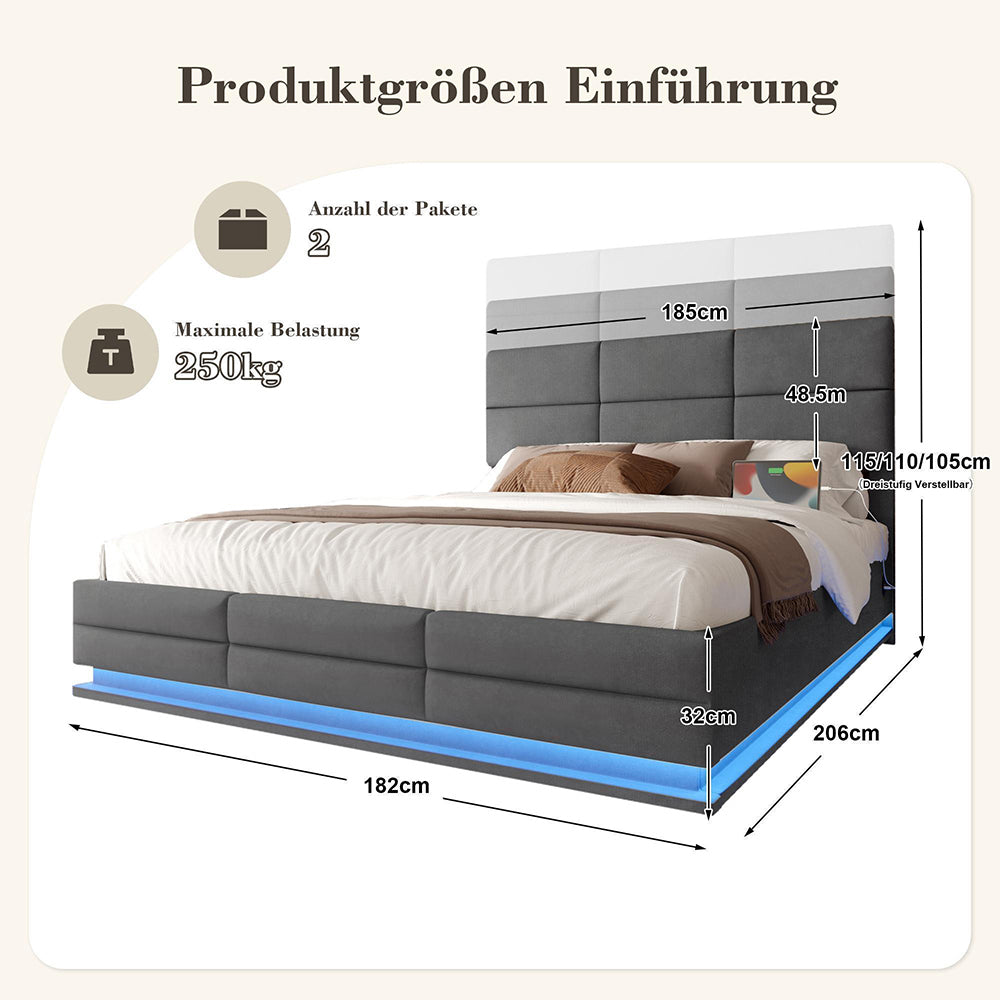 Letto 180x200cm imbottito - Xylo - velluto grigio USB idraulico LED