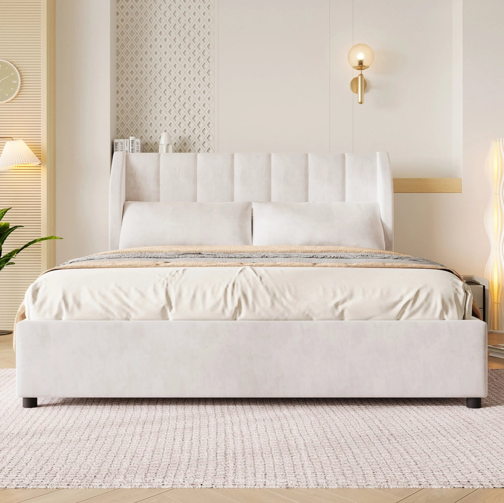 Letto imbottito 140x200 cm con rete a doghe in MDF e flanella beige