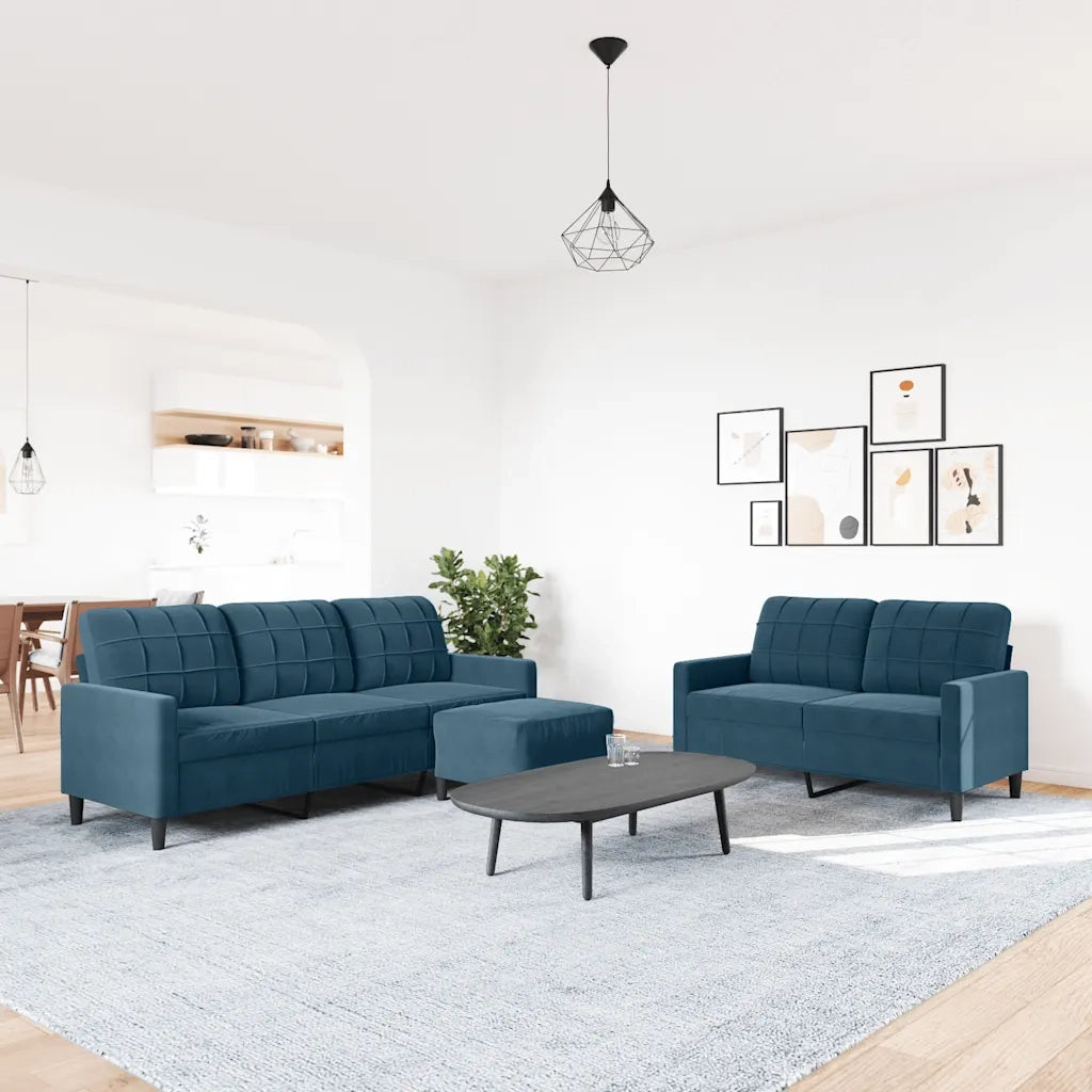 Set di Divani 3 pz con Cuscini Blu in Velluto