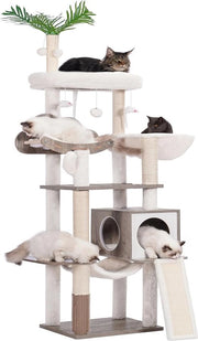 Krappaal periscopico per gatti domestici, gabbia per gatti grandi con pettine auto, torre di arrampicata per gatti moderna con cesta, lettino, pallone penzolante e foglie, stile rustico grigio.
