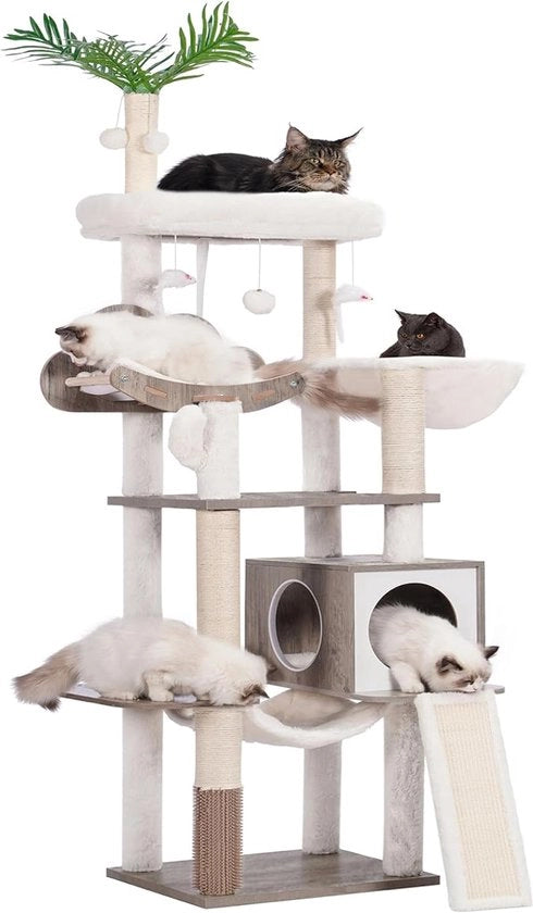 Krappaal periscopico per gatti domestici, gabbia per gatti grandi con pettine auto, torre di arrampicata per gatti moderna con cesta, lettino, pallone penzolante e foglie, stile rustico grigio.