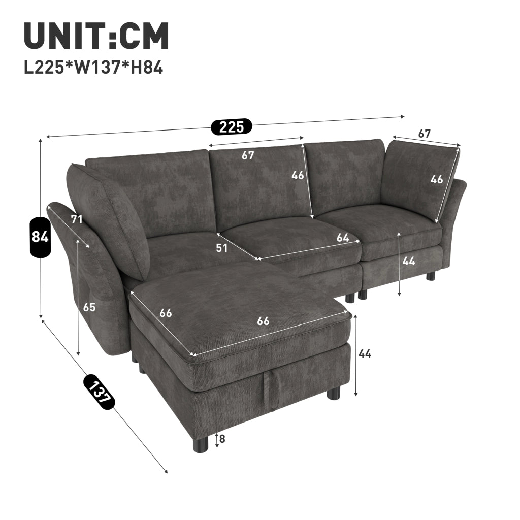 Divano modulare a L con pouf contenitore e cuscini in chenille grigio con braccioli ergonomici 4 5 posti