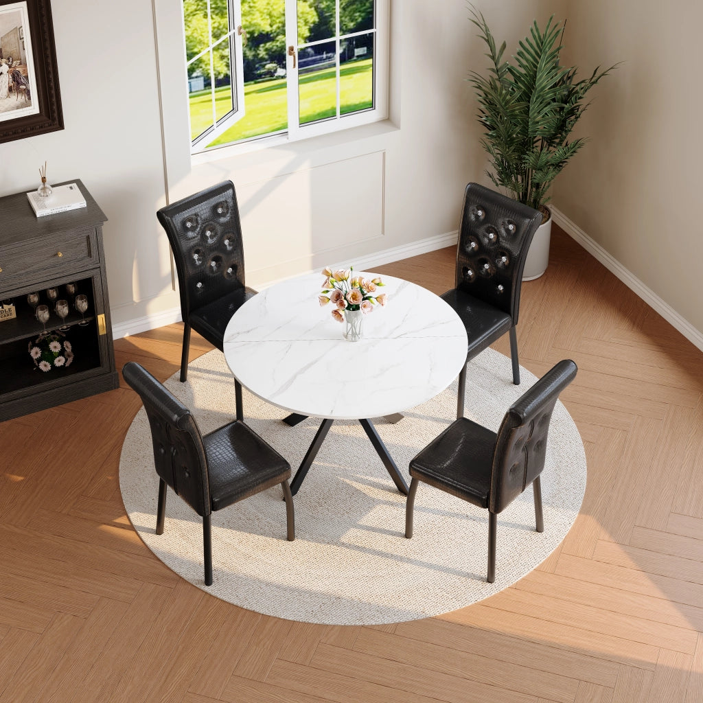 Tavolo da Pranzo Rotondo Effetto Marmo con 2 Sedie in Ecopelle ¨C MINIMAL ¨C Nero, Gambe in Metallo