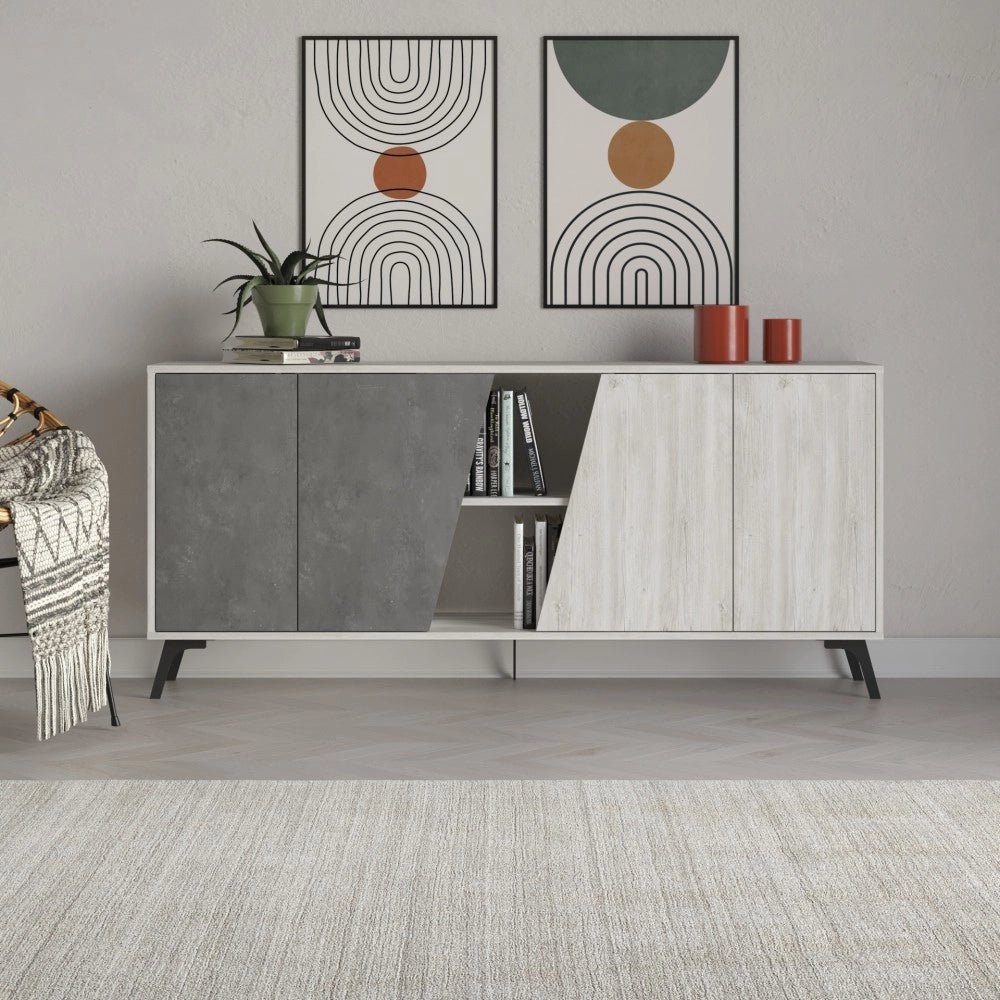 Madia 4 ante Fiona 180x35,6x82H colore bianco vintage e cemento