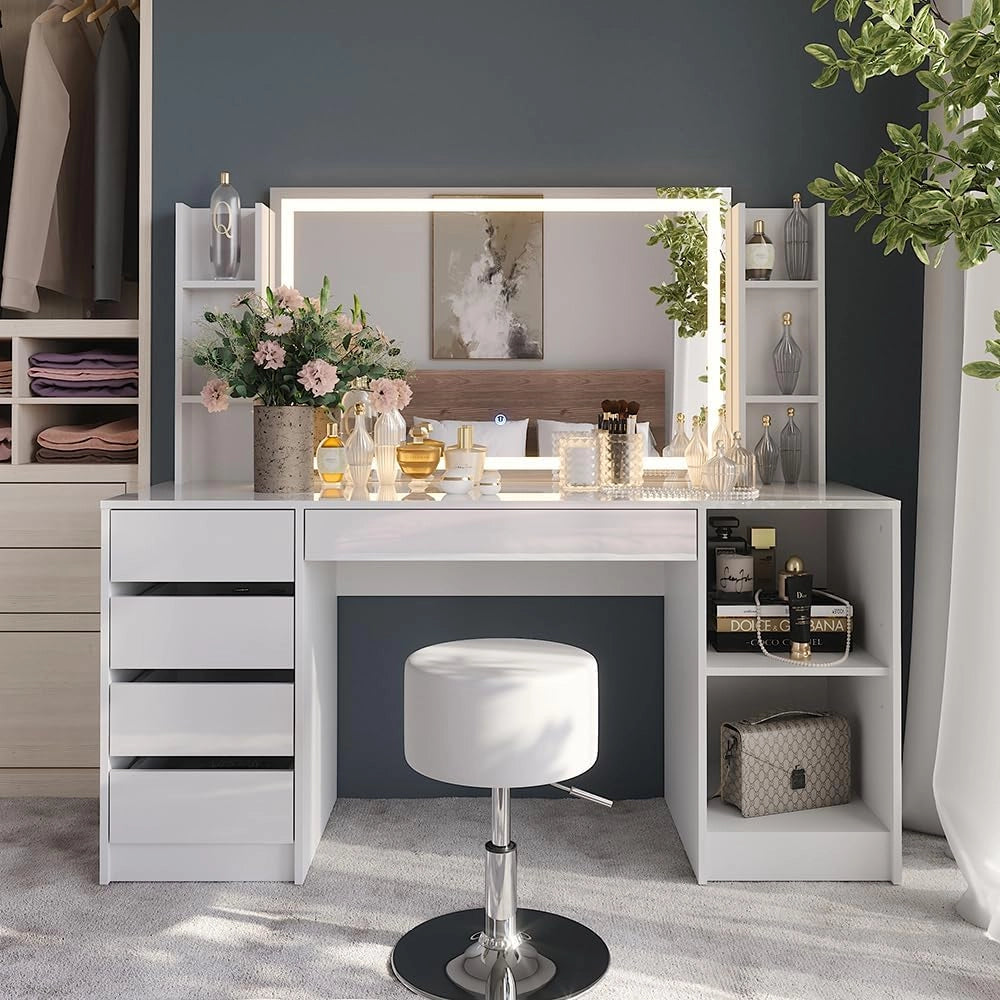 Tavolo da toeletta Sherry, Bianco/bianco lucido, 158.2 cm 5 parti