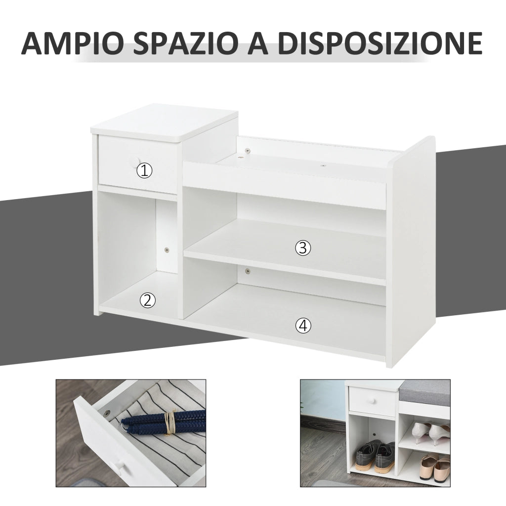 EasyComfort Panca Scarpiera con Cuscino, Cassetto e 3 Vani Aperti in Legno, 81x31.5x49cm, Bianco