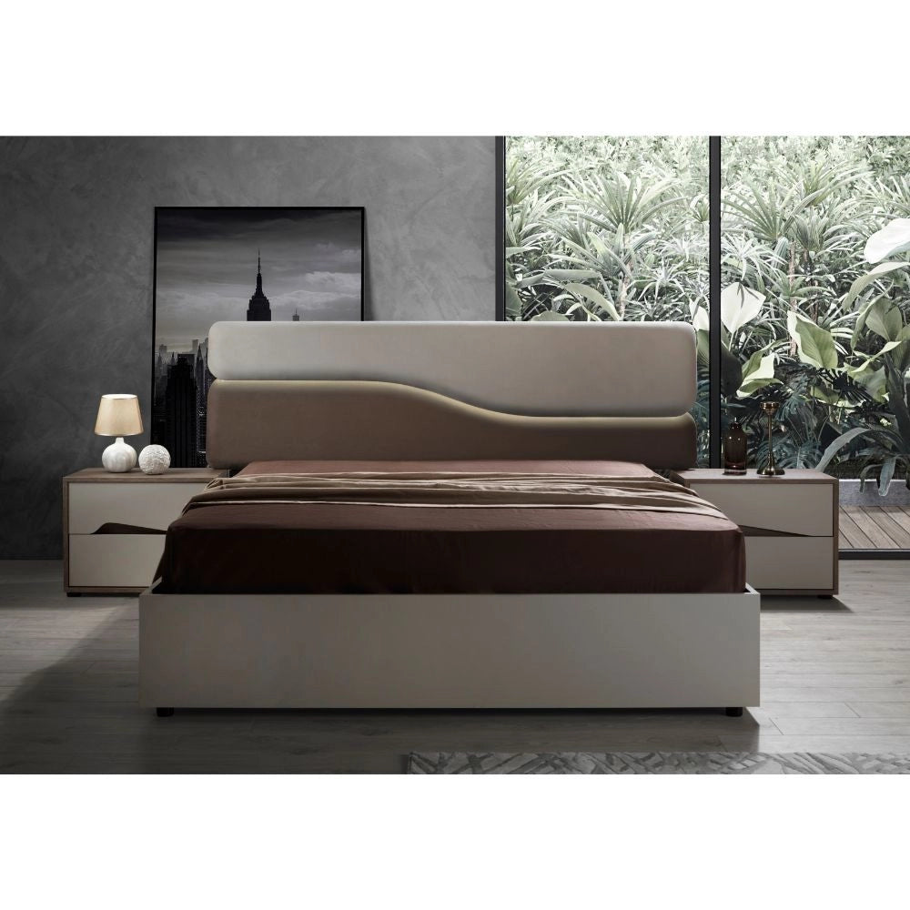 Camera da letto con letto contenitore Soleil colore cashmere e olmo biscotto