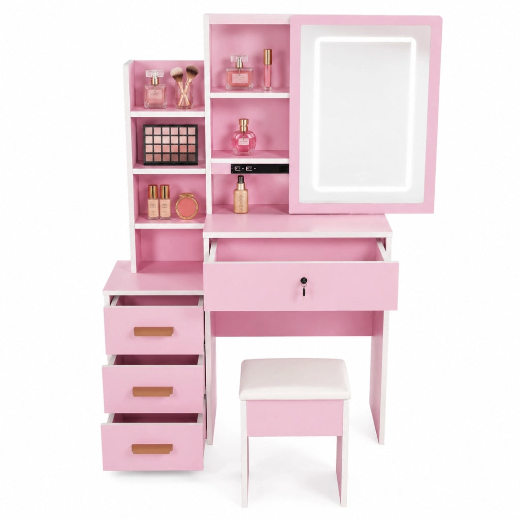 Toeletta rosa con specchio LED, sgabello e vani contenitore