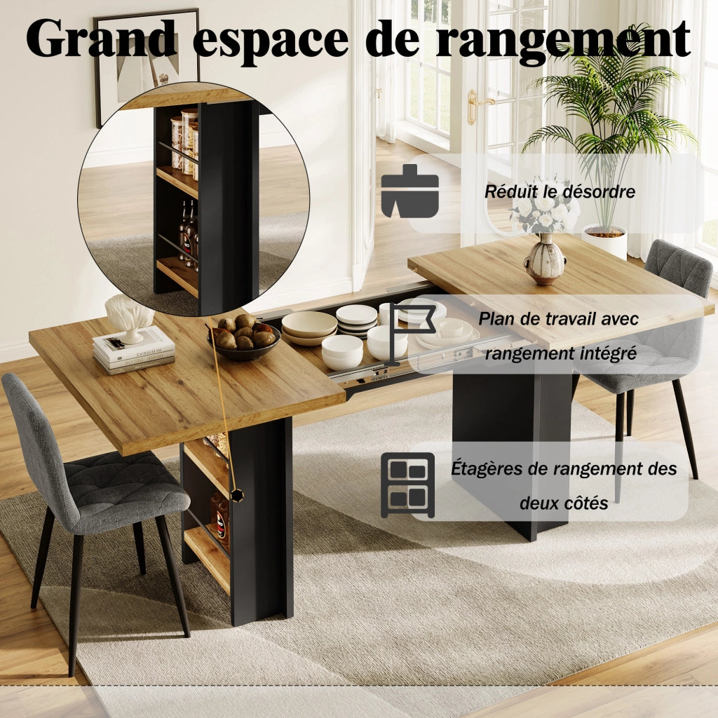 Tavolo allungabile con ripiani e vano contenitore, in MDF effetto legno, per soggiorno e studio, 120-160 × 80 × 75 cm