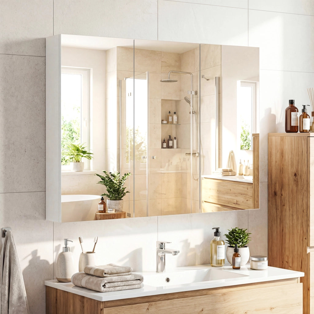 Armadietto bagno specchio 3 ante parete incasso medicinali 6 scomparti, Armadietto effetto legno struttura legno robusta 87cm