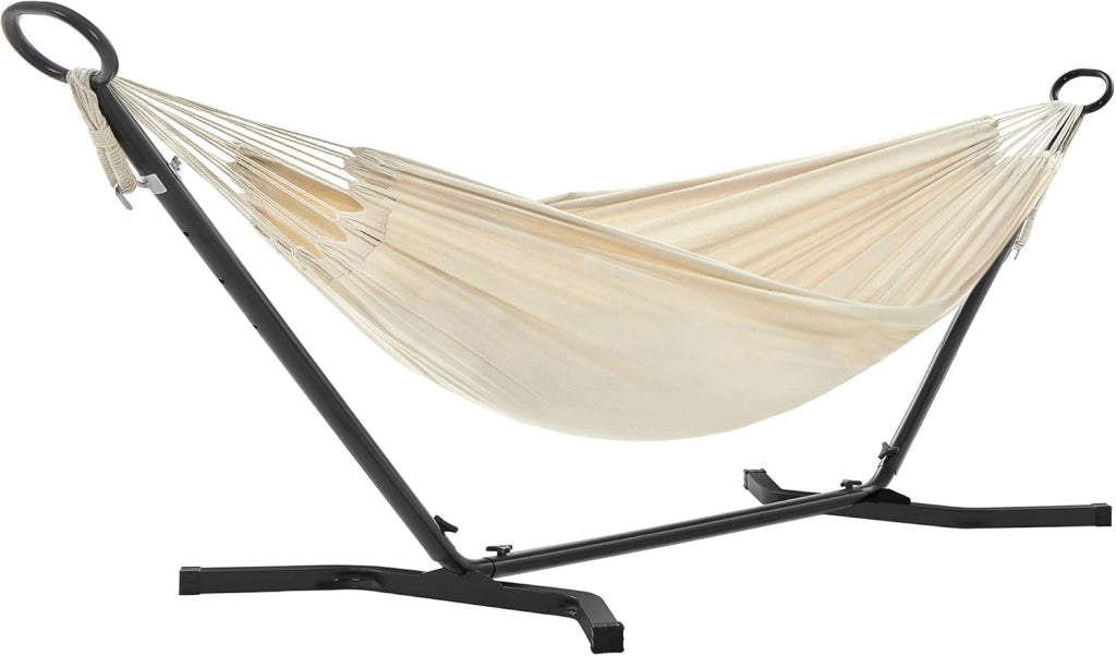 SONGMICS Amaca con Supporto, Amaca di 210 x 150 cm, 5 Altezze Regolabili, Portatile con Sostegno in Metallo, Max. Portata di 240 kg, per Giardino Terrazzo, Supporto Nero e Amaca Grigia GHS001G01