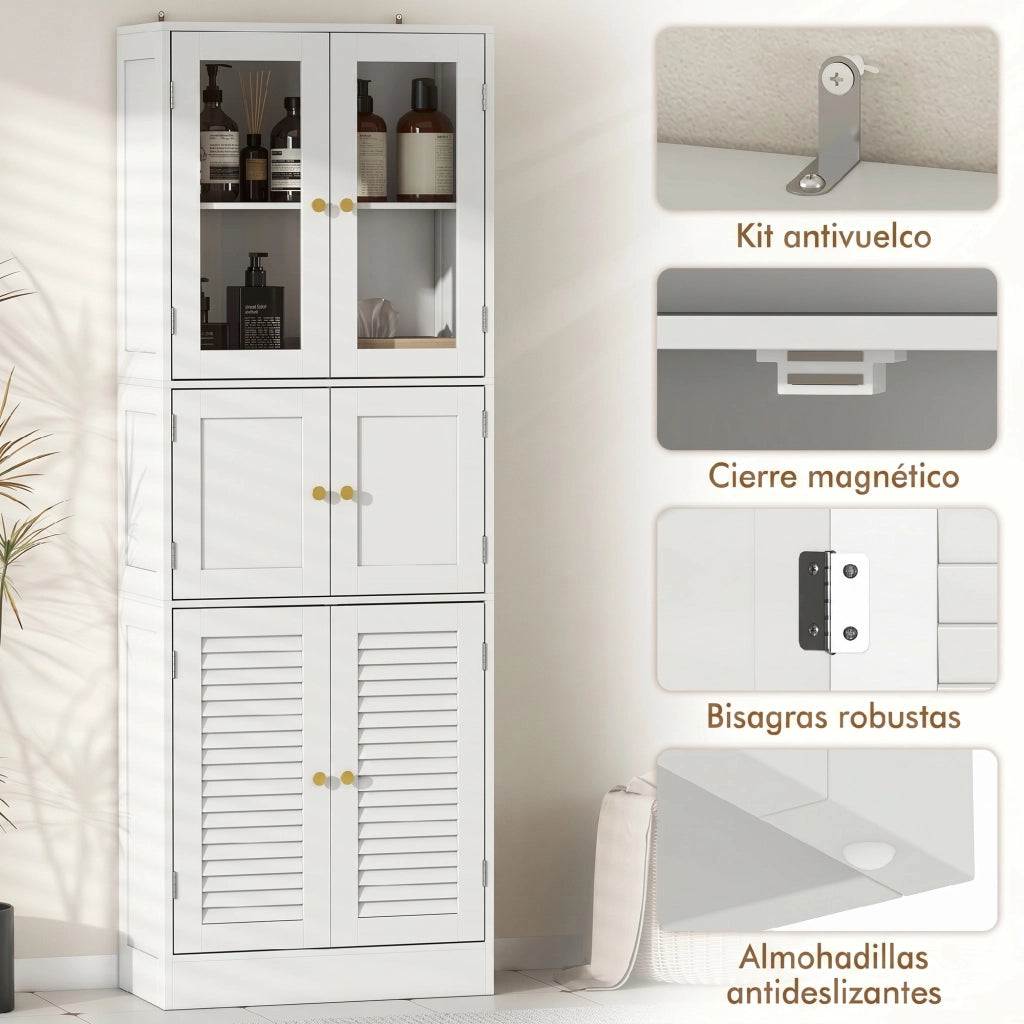 Colonna Bagno Salvaspazio ¨C Xylo ¨C Ante Vetro Grigio con Ripiani Regolabili 60x30x170 cm Bianco