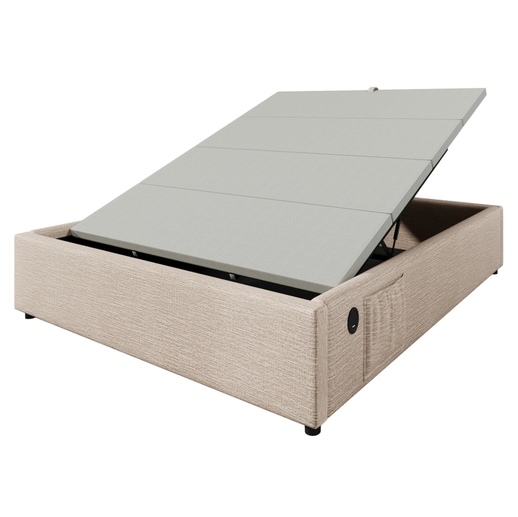 Letto matrimoniale contenitore 160x200 cm in lino naturale con USB e Type-C; senza testiera