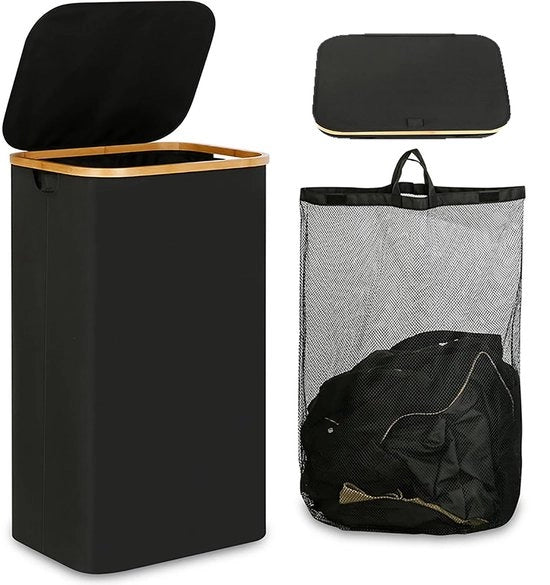 Asciugamano 100L pieghevole con coperchio: maniglia in bambù e contenitore rimovibile interno, vasca per la spazzatura, contenitore per le monete (nero)
