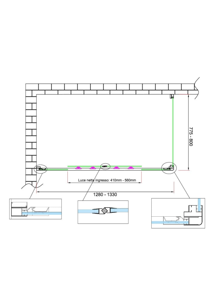Box doccia 6 mm H 190 parete fissa e porta a 4 ante con apertura centrale MISURA 77,5-80 ANTA FISSA + PORTA 128-133