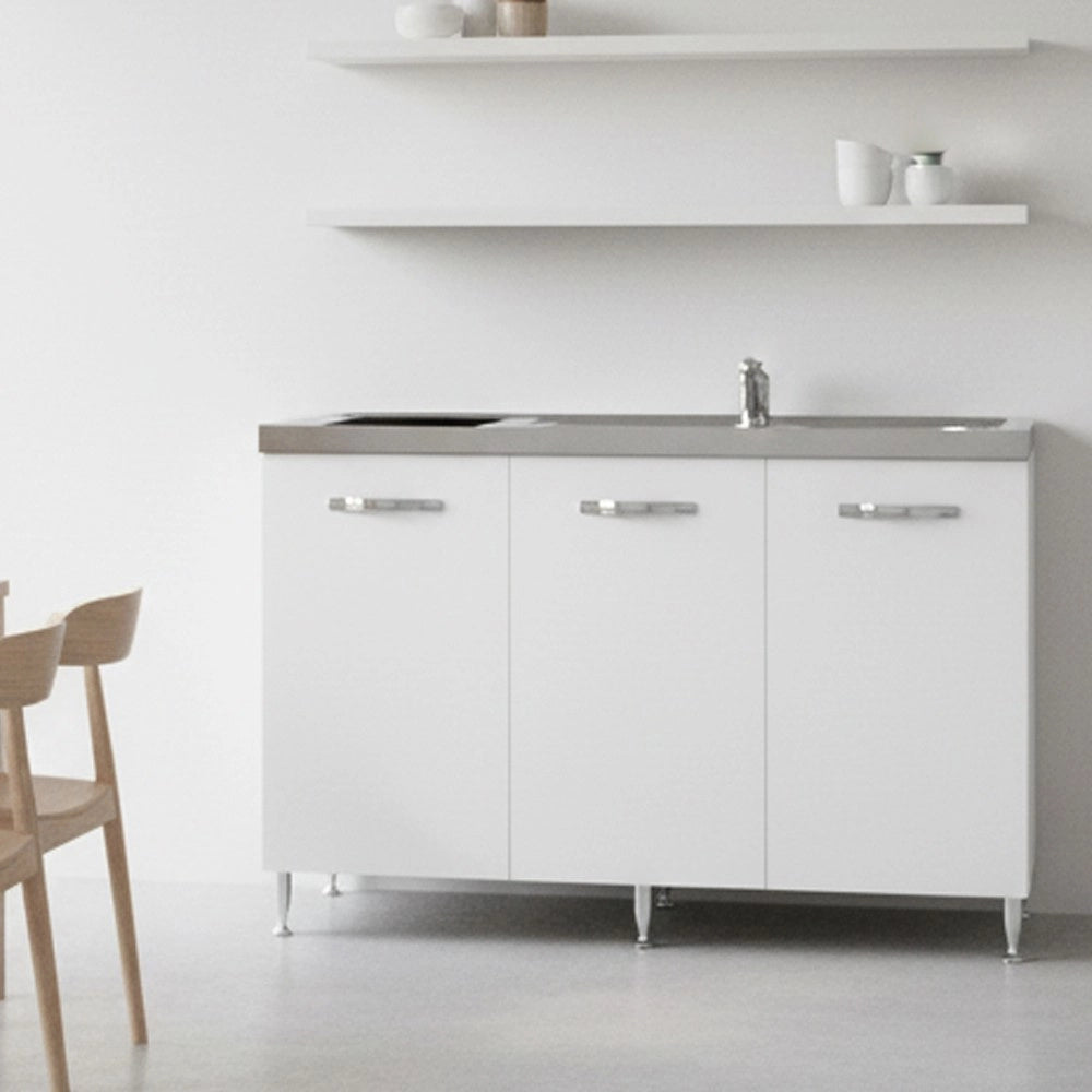 Cucinino Indiano120bolero bianco frassinato con top inox e piano cottura induzione
